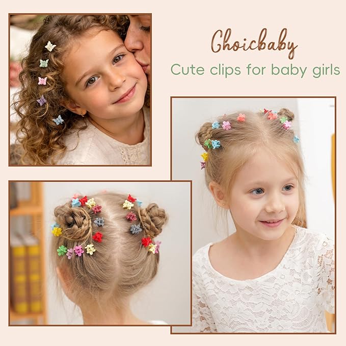 choicbaby 128pcs Baby Girls Hair Clips 3 Styles Mini Claw Clips Small Flower Butterfly Claw Jaw Hair Clips Hair Barrettes Accessories for Women Girls Kids Teens with Organizer Box