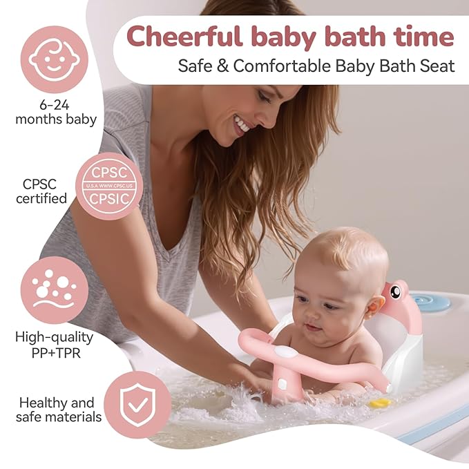 Baby Bath Seat for Babies 6 Months & Up - One-Handed Snap-On Armrest Baby Bath Chair | 4 Suction Cup Non-Slip Baby Bathtub Seat with Storage Bag | Ergonomic Infant Bath Seats for Baby Sitting Up Pink