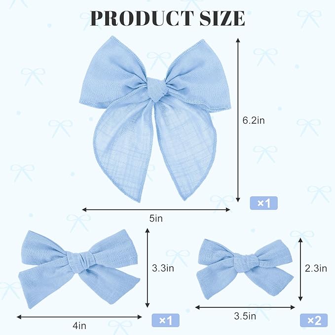4 Pcs Blue Hair Bow, Cotton Linen Hair Bows, Girls Bows for Hair, Toddler Hair Accessories, Alligator Clips Knot Hair Bows for Girls, Light Blue Bow, 3 Styles & 3 Sizes