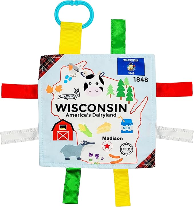 Baby Jack & Co 8x8” Learning Lovey Wisconsin State Tag Stroller Toy for Babies - Crinkle Toys for Developing Five Senses - Learn About Capitals - Travel with Baby Jack - BPA Free Clip