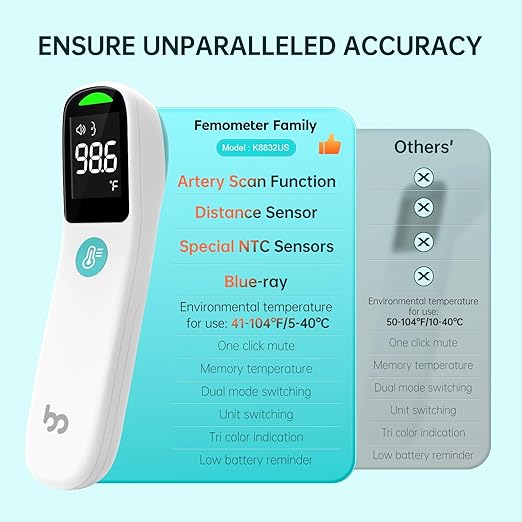 Thermometer for Adults and Kids, Automatic Measurement Within 1-3cm, Fast Accurate Baby Thermometer with Fever Alarm and Mute Mode, White