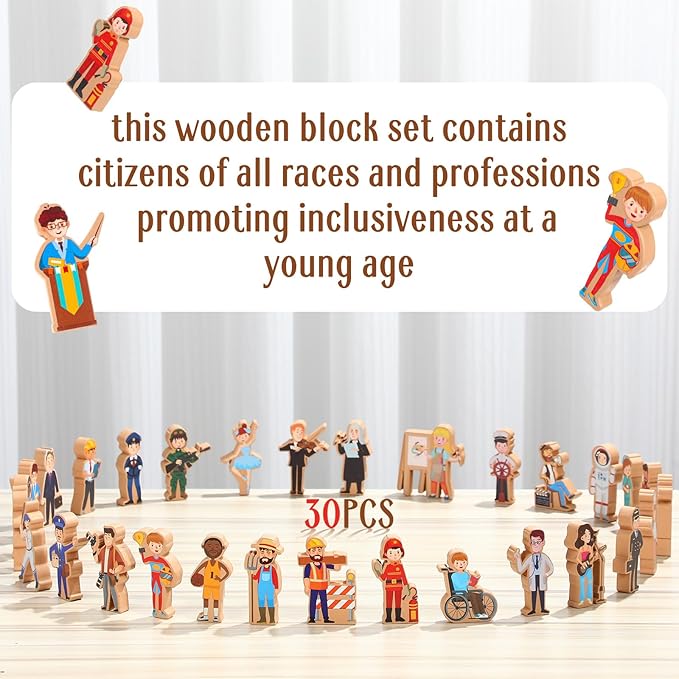Blosssound 30 Pcs Wooden Community Helpers Toys Multicultural Career Wooden People Figures Small Diversity Professionals Wood Blocks for Preschool Classroom Play Games Educational Activity Supplies
