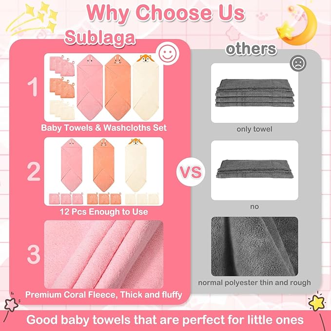 Sublaga 31x31 Inch Baby Hooded Towels, 12Pcs Baby Towels and Washcloths Set, Soft and Absorbent Baby Bath Towels, 3 PCS Cute 32x32 in Baby Towel with Hood and 9 Pcs Baby Washcloths for Boys and Girls