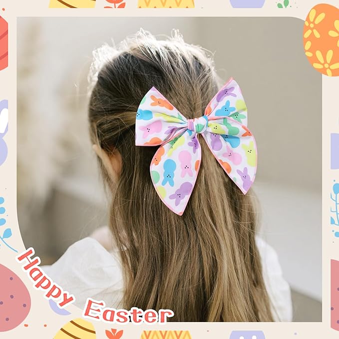 7 PCS Easter Hair Bows for Girls, 4.5 Inch Colorful Toddler Bows Clips With Bunny Rabbit Chick Easter Egg Pattern Hair Accessories for Kids Party Decorations