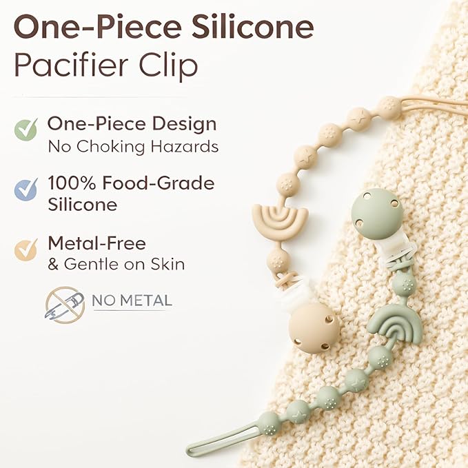 Baby Pacifier Clips One Piece Binky Clip Holder Silicone Teether Clip Pacifier Straps with Clip Baby Teether Toys for Boys and Girls Set of 3 Andy Bear-Ivory+Sage+Blush