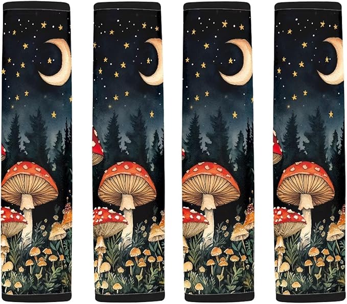 UNICEU Moon Star Mushroom Print Auto Seat Belt Pads 2 Piece Decoration Car Accessory Soft Universal Fit Automotive Shoulder Strap for Most Vehicle