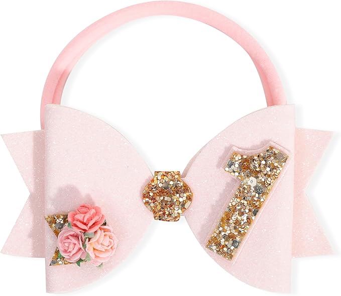 Birthday Girl bow for Baby Girls - 1st Birthday Pink Bow Headdress,Gold Glitter Birthday Bow Headband Flowers,Photo Props