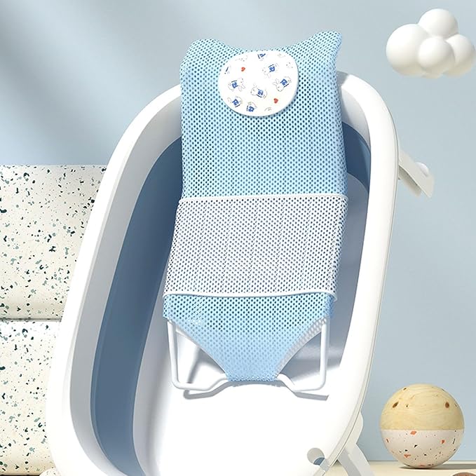 Fafeicy Baby Bath Seat Support Non Slip Mesh Cushion Portable Bath Tub Seat Net for Newborns to Toddlers (Blue, Pillow, Slip Pad)