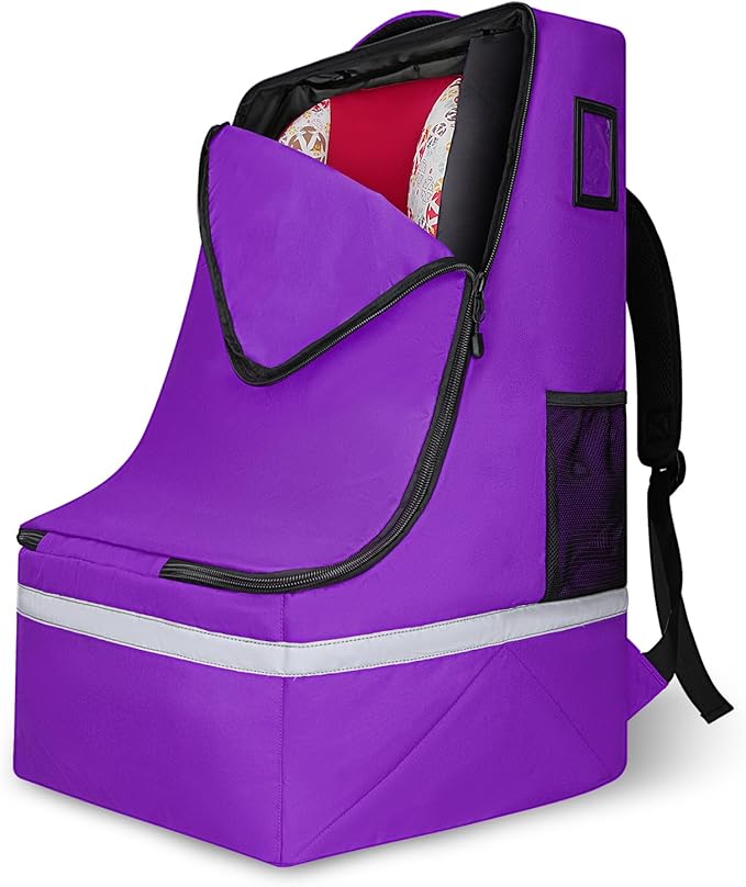 LARIPOP Car Seat Travel Bag for Airplane, Universal Gate Check Car Seat Bag, Padded Backpack with Waist Belt, Reflective Strips & Protective Feet, Fits Infant Convertible Booster Seats, Purple