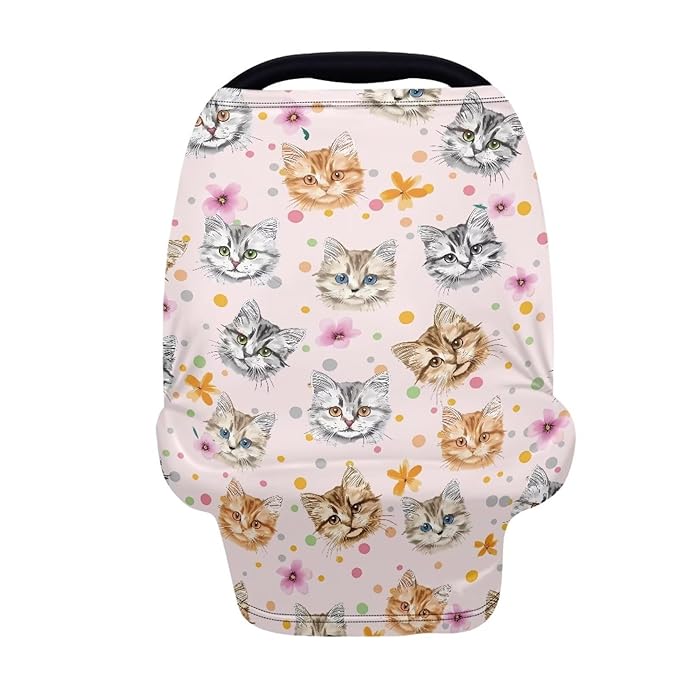 Biyejit Cat Flowers Breathable Car Seat Cover for Babies – Multi-Purpose Soft Rayon Nursing Cover for Breastfeeding, Stretchy Infant Carseat Canopy, Stroller Cover
