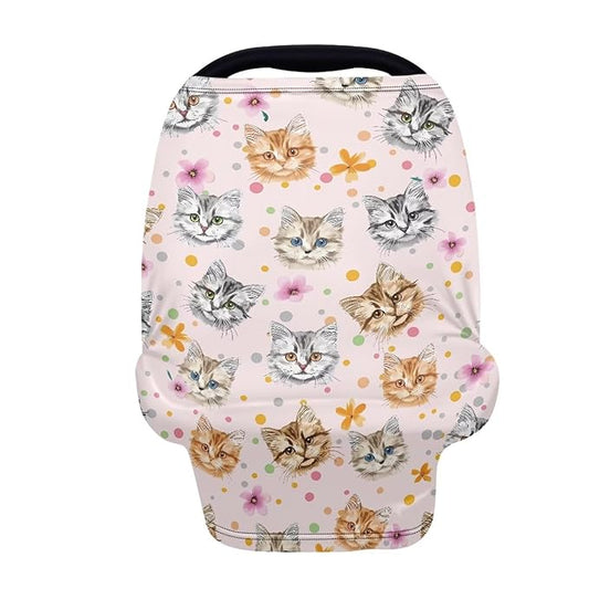 Biyejit Cat Flowers Breathable Car Seat Cover for Babies – Multi-Purpose Soft Rayon Nursing Cover for Breastfeeding, Stretchy Infant Carseat Canopy, Stroller Cover