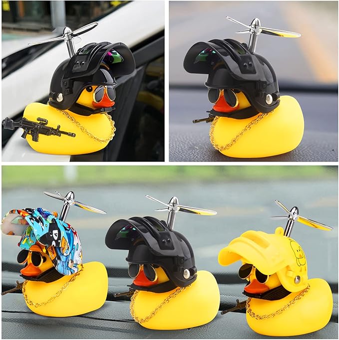 wonuu Rubber Duck Car Ornaments Cool Yellow Duck Car Dashboard Decorations Squeaky Glasses Duck with Propeller Helmet for Car ccessories Dashboard (Full_Black-Yellow G)