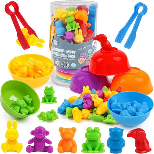 GKDOMS Counting Animals Toys Matching Game with Sorting Bowls Preschool Learning Activities Montessori Sensory Toys for Math Color Sorting, Party Favors Birthday Exchange Gifts for Kids