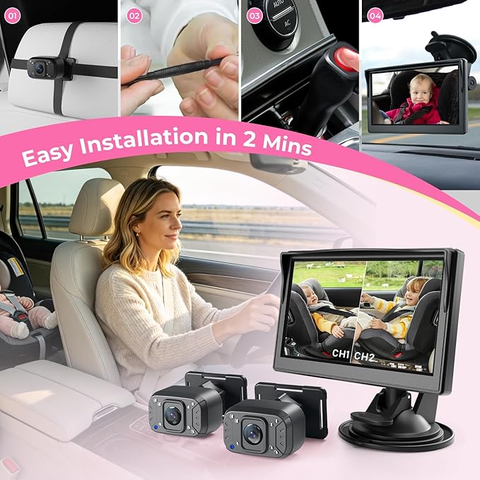 Itomoro 2026 Upgraded Dual Baby Car Camera for 2 Baby [1080P HD & 940nm IR Night Vision] 360° Rotation & 150° Wide View Rear Facing Baby Car Backseat Monitor Fits Cars/SUVs/Trucks