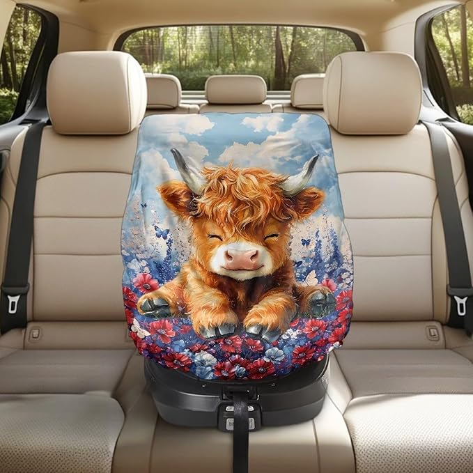 XYZCANDO Highland Cow Child Car Seat Cover Cartoon Car Seat Covers for Babies Replacement Car Seat Protector for Child Car Seat Portable Car Seat Sun Cover for Baby Gift for Birthday