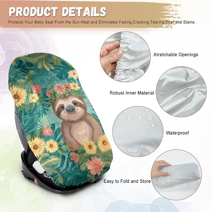 XYZCANDO Sloth Print Carseat Cover for Baby Cartooon Baby Car Seat Cover with Elastic Edge Foldable Summer Carseat Cover Protect from Sun/Hot Days Breathable Car Seat Sun Cover for Baby
