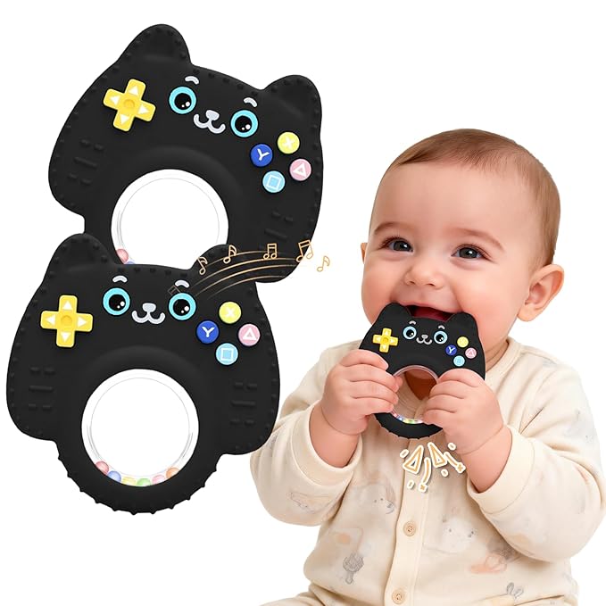 Silicone Baby Teething Toys for 0-6-12 Months, Kitten Remote Rattle Teether for Infant Gum Relief, No BPA Chew Toy for Infant 0-3-6-9-12, Easy-Grip Ring Gift for Travel & Bath
