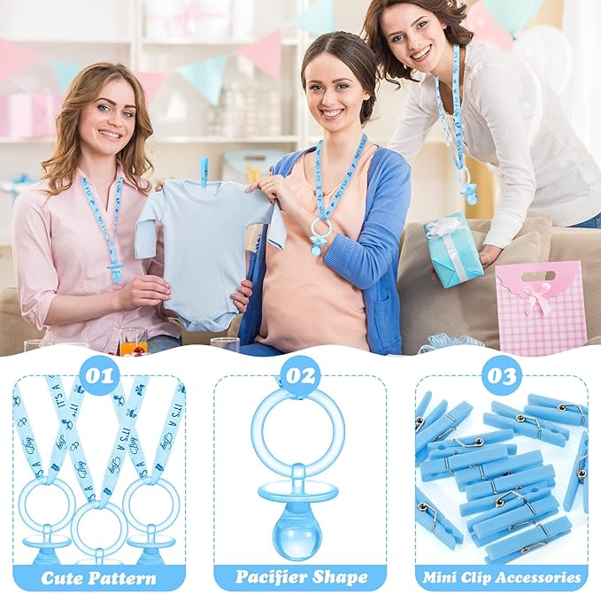 Coume 48 Sets Baby Shower Pacifiers Necklace with Mini Clothes Pins Acrylic Pacifier Bulk Newborn Party Favors for Women Men Baby Shower Decorations Gender Reveal Party Supplies(Blue)
