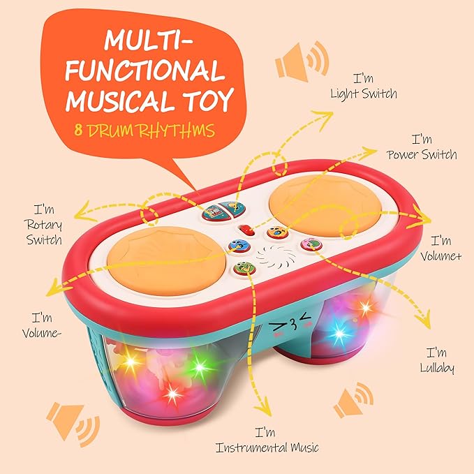 Baby Toys for 6-18 Months, Musical Drum, Light Up, Tummy Time, Baby Gifts