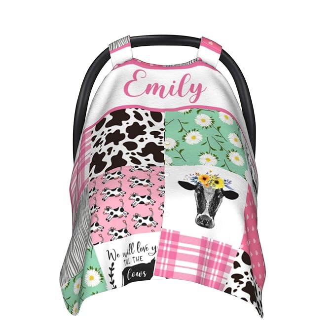 Personalized Baby Car Seat Canopy for Babies with Name, Custom Farm Cow Pink Car Seat Covers for Girls, Opening Minky Nursing Breastfeeding Stroller Cover Carseat Canopies for Infant Newborn