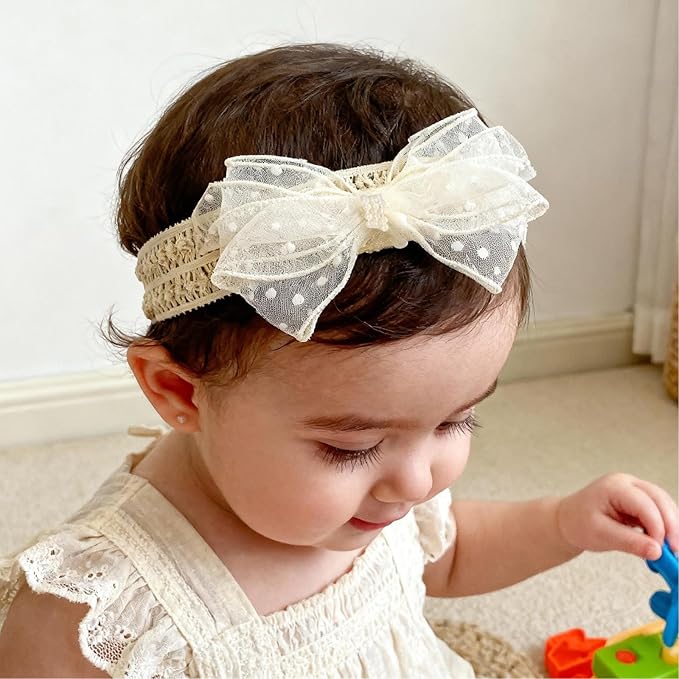 Baby Girls Hairband White Bow Lace Headbands Handmade Soft Stretchy Bowknot Hairbands Newborn Headband with Bows Pearls Elastic Head Band for Newborn Infant(Gauze Polka Dot Bow)