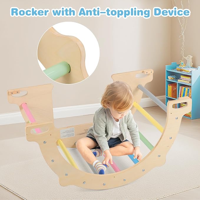 Olakids Climbing Arch for Toddlers, 4 in 1 Wooden Indoor Kids Climber Rocker Montessori Sensory Table with Foldable Storage Bin, Baby Pikler Set Gym Learning Crawling Toy for Children (Rainbow)