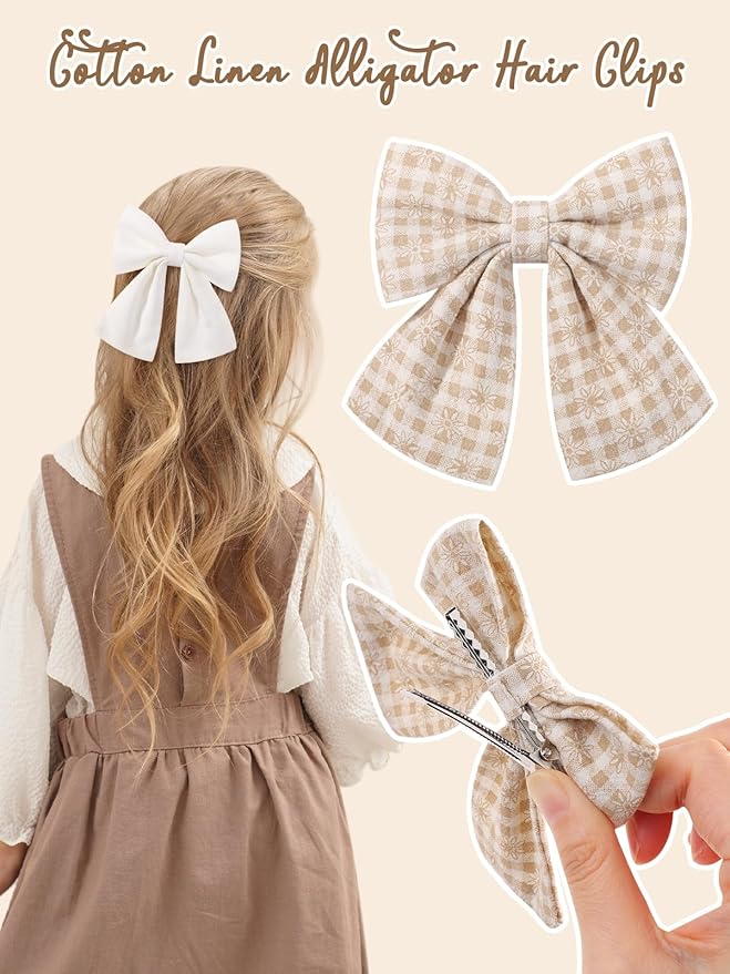 12PCS Baby Girls Hair Clips Fable Hair Bows Cotton Linen Bows for Girls Hair Accessories for Baby Toddlers Kids Neutral Color