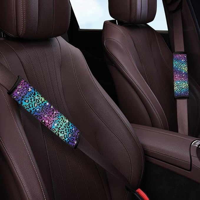 UNICEU Glitter Rainbow Leopard Car Seat Belt Pads Auto Interior Accessories Neoprene Comfort Car Seatbelt Shoulder Strap Pads Set of 2