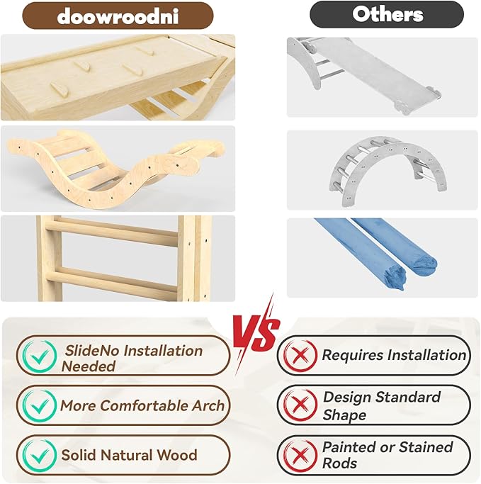 doowroodni Pikler Triangle Set 7in1 Toddler Climbing Toys Indoor Foldable Baby Climbing Toys Wooden Montessori Climbing Set with Arch, Ramp, Ladder for 1-3 Years, Jungle Gym for Kids (Natural)