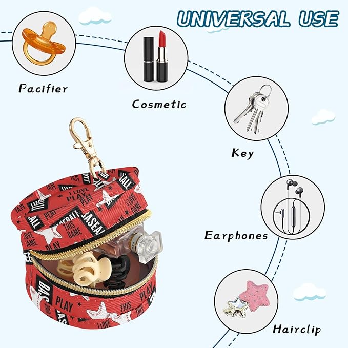 Sports Baseball Star Red Print Pacifier Holder Case for Diaper Bag Portable Travel Pacifier Storage Case with Clip Newborn Baby Pouch for Baby Boys Girls Purse Outdoor