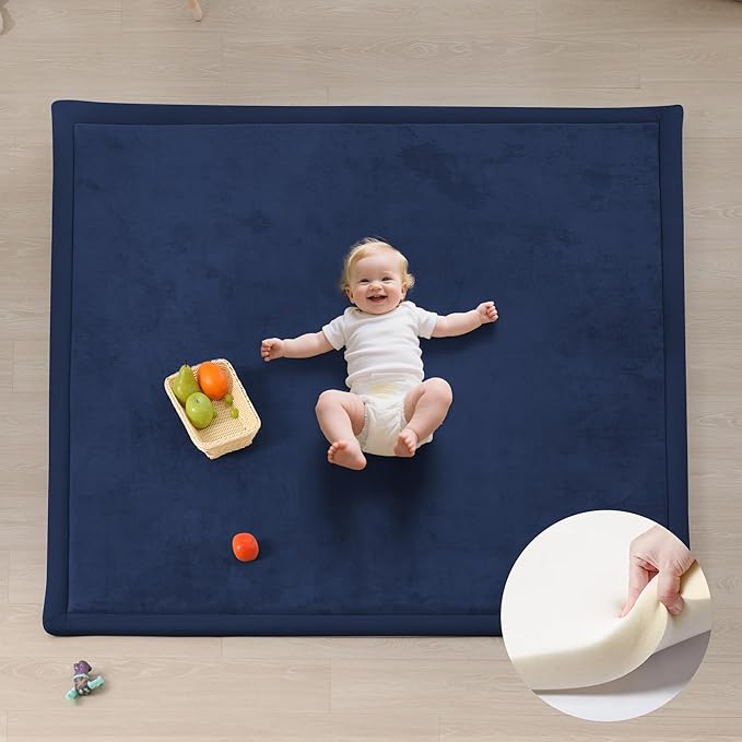 Baby Play Mat for Floor, 1.3" Thick Extra Large Cushioning Memory Foam Playpen Cushion, Soft Coral Velvet Tummy Time Mat with Non-Slip Backing, Child Nursery Rug for Toddlers, Kids (Dark Blue, 79X59)