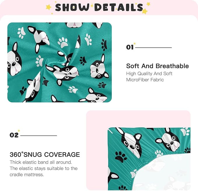 Boston Terrier Puppy Head Fitted Crib Sheets Stretchy Portable Playard Sheets for Baby Toddler, Breathable Soft Mini Crib Mattress 52 x 28 in for Boys and Girls