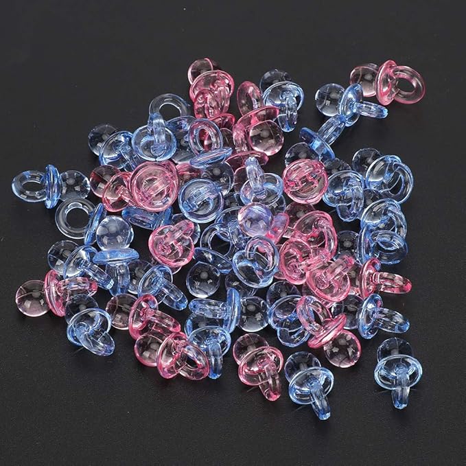 150 Mini Acrylic Pacifiers for Baby Shower Game Assorted Bulk Clothing Accessories and Surrounding Areas Decorate Pacifier Plastic Multi Colored Craft Tiny (Transparent + Blue)