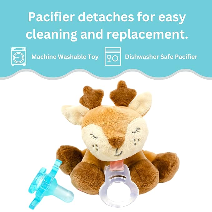 PaciBuddy Deer Pacifier Holder - Plush Toy with Detachable Pacifier & Universal Adapter, Gender Neutral Baby Gift for 0+ Months - Infant Plush Baby Toy, Versatile Baby Essentials, Binky