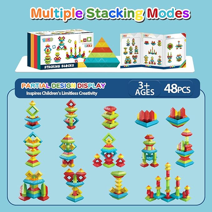 48 PCS Building Block Stacking Toys Kids 3 4 5 6 Year Old, Educational STEM Toys for Boys Girls, Developmental Learning Sensory Gifts for Birthdays