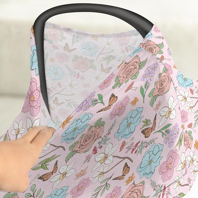 Vintage Wildflowers Baby Car Seat Covers Pink Floral Leaves Mushroom Butterflies Stretchy 5-in-1 Cover Adjustable Car Canopy Breastfeeding Cover Spring Garden Breathable Nursing Cover-Up