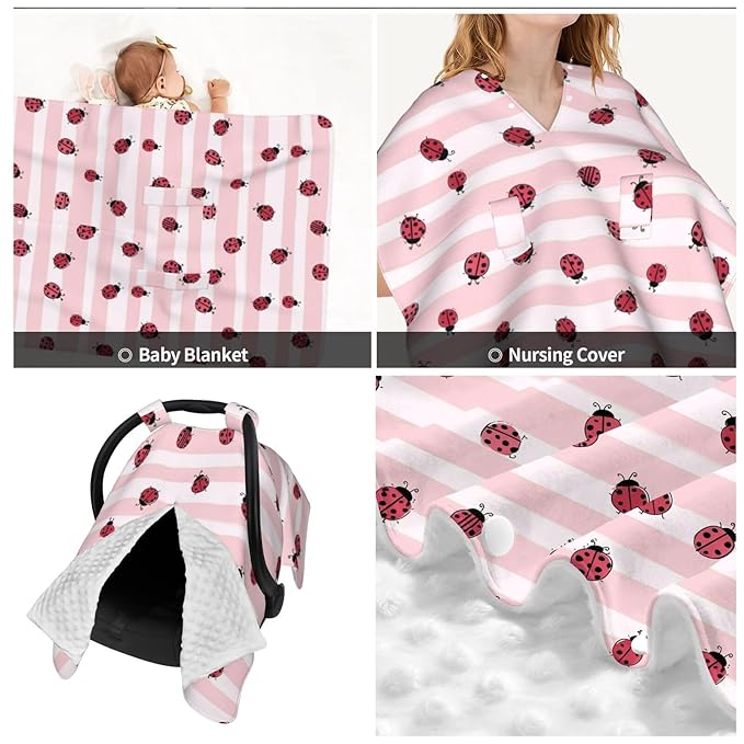 KiuLoam Cute Ladybug On Stripe Baby Car Seat Canopy, Nursing Cover for Mom Breastfeeding Scarf, Infant Car Seat Cover/Multiuse Baby Stroller Covers for Babies Boys Girls