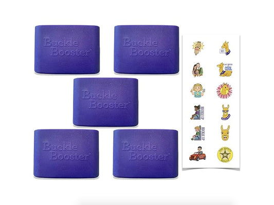 (5) Car Seat Belt & Booster Seat Receptacle Stabilizer by Buckle Booster - with Fun Safety Stickers - BPA-Free