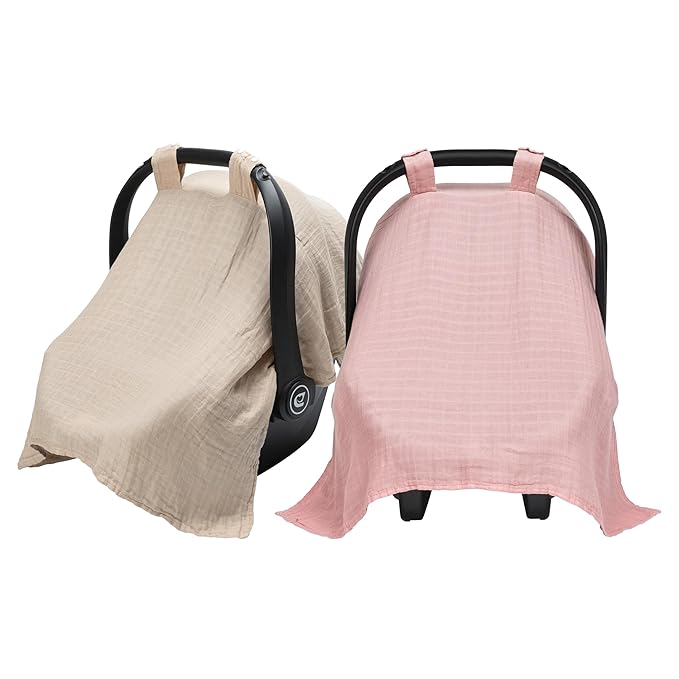 Meracorallo Muslin Baby Car Seat Cover, Lightweight Breathable Soft Infant Carrier Cover Carseat Canopy for Baby Boys and Girls, Pink & Beige