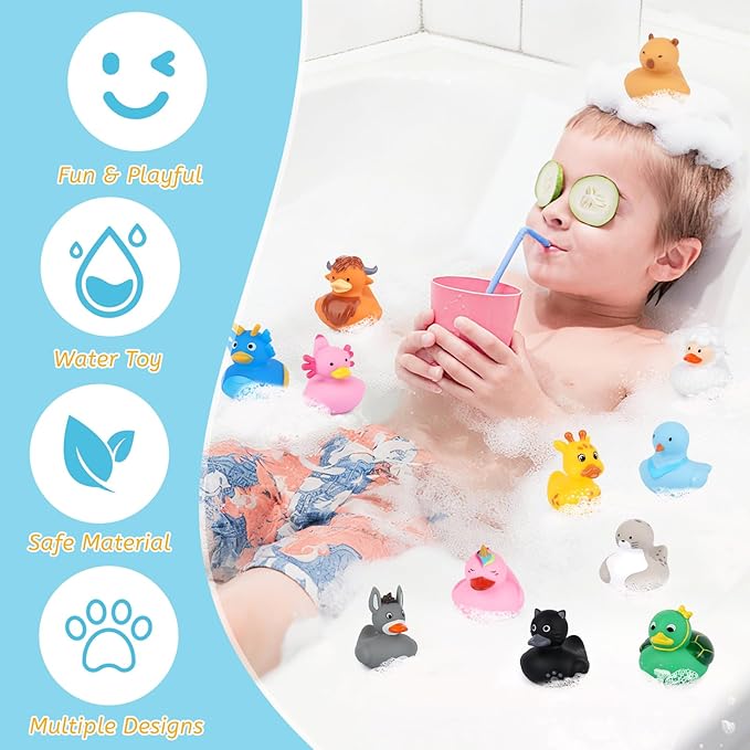 12PCS Rubber Ducks - Assorted Rubber Ducks with Black Cat,Highland Cow,Sheep Bath Toys,Toddler No Hole Ducks for Jeeps,Baby Bath Toys, Animal Bath Duckies for Baby Shower Pool Party Favors