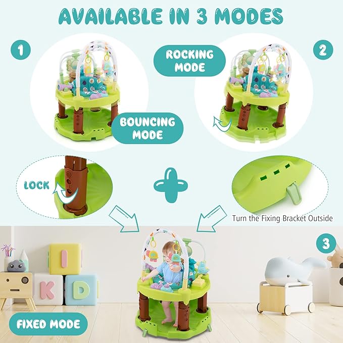 GLACER 3-in-1 Baby Activity Center, Toddler Play Center w/Bouncing Saucer, Activity Table & Play Mat, Folding Infant Learning Center w/ 3-Level Adjustable Height for 6-12 Months, Green
