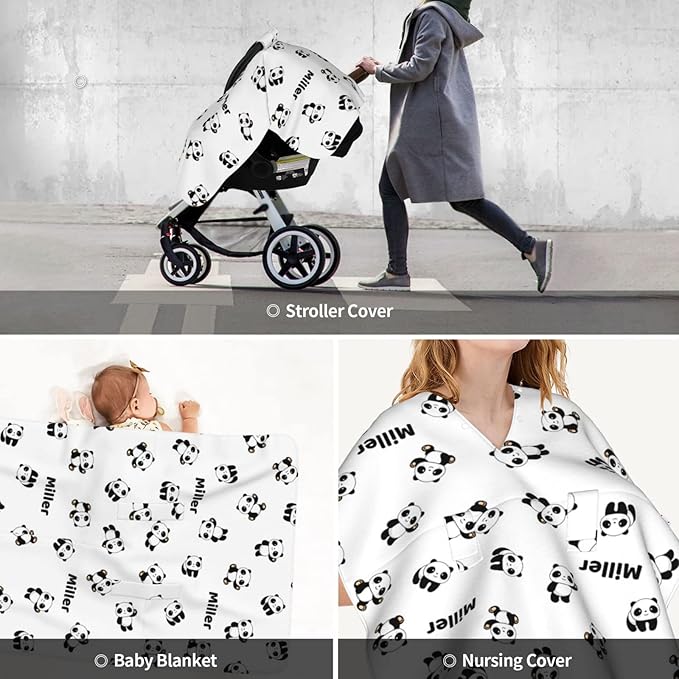 Personalized Black and White Panda Baby Infant Car Seats Canopy for Babies with Name, Lightweight Covers for Baby Boys Girls, Minky Nursing Breastfeeding Stroller Cover Canopies for Newborn
