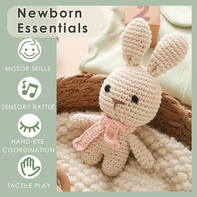 Crochet Sensory Rattle for Baby Early Development - Amigurumi Grip Toy - Soft Cotton Texture Shaker for Fine Motor Skills & Tactile Play - Newborn Essentials (Bunny & Giraffe)