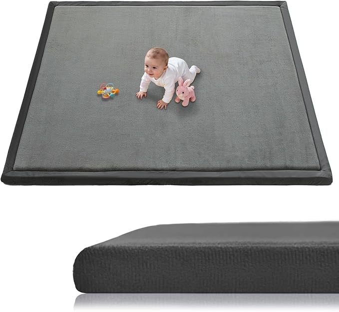 Baby Play Mat for Floor, 1.3 Inch Thick Memory Foam Tummy Time Mat with Non Slip Backing, Soft Coral Velvet 50×50 Inch Playpen Mat Crawling Tatami for Infants Toddlers Kids, Dark Gray