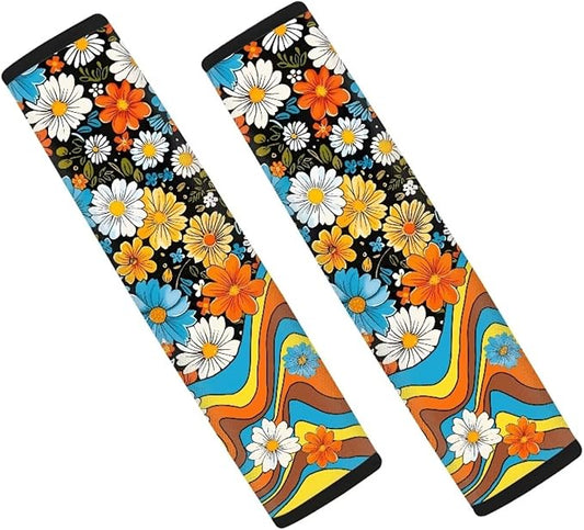 UNICEU Retro Groovy Flower Auto Seat Belt Pads Set of 2, 70S Car Accessory Decoraion Colorful Swirl Wavy Shoulder Seatbelt Pads Cushion Universal Fit Most Vehicle SUV Truck