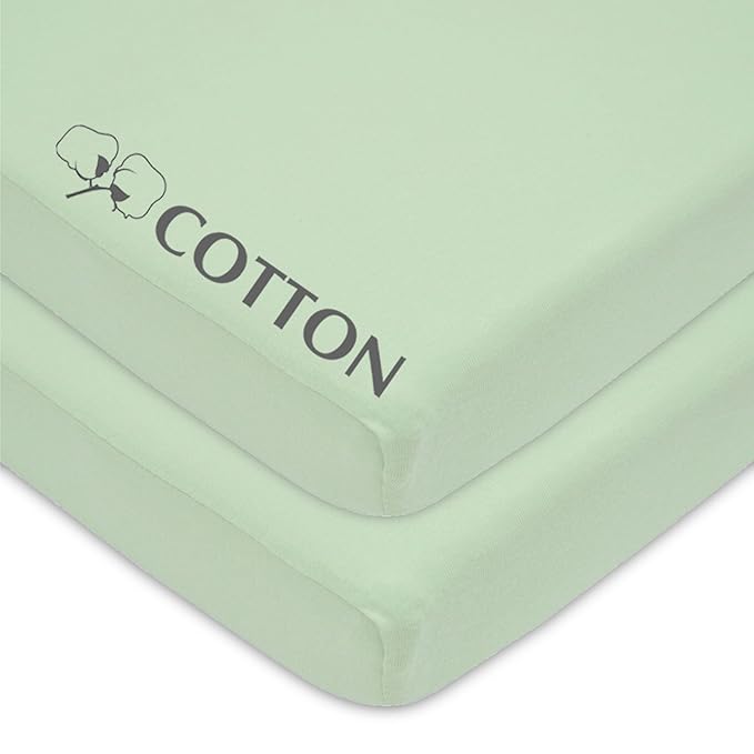 American Baby Company 2 Pack 100% Natural Cotton Fitted Pack and Play Sheets 39" x 27" - Soft & Breathable Pack N Play Sheets for Playard & Mini Crib Mattress, Celery, for Boys & Girls