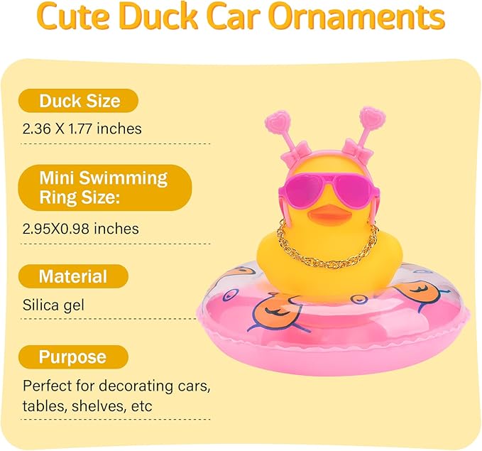 wonuu Car Duck Rubber Duck Car Ornaments Duck Car Dashboard Decorations with Cute Headband Swim Ring Necklace Sunglasses, B-Pink Double Heart Headband