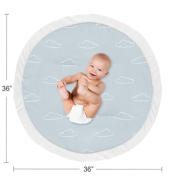 Sweet Jojo Designs Blue Clouds Boy Baby Playmat Tummy Time Infant Play Mat - Slate and White Cloud Sky for Vintage Airplane Aviator Aviation Collection