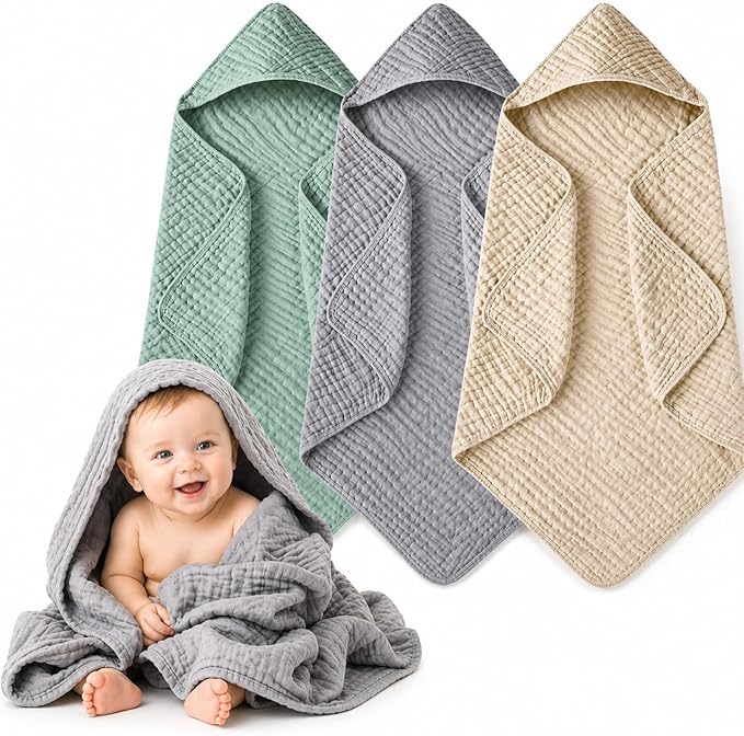 Momsnug 3-Pack Muslin Hooded Baby Towels, 100% Cotton, Ultra-Soft & Absorbent Baby Bath Towels with Hood for Babies, Infant, Toddler and Newbron(Green + Grey + Apricot，35" X 35''