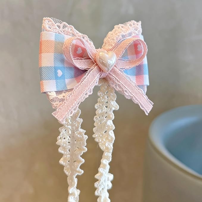 Baby Girls Hairbands Bow Lace Headband Handmade Soft Stretchy Pink Bowknot Hairbands Newborn Hairband with Bows Elastic Hair Bands for Kids Infant(Pink Blue Heart Bow